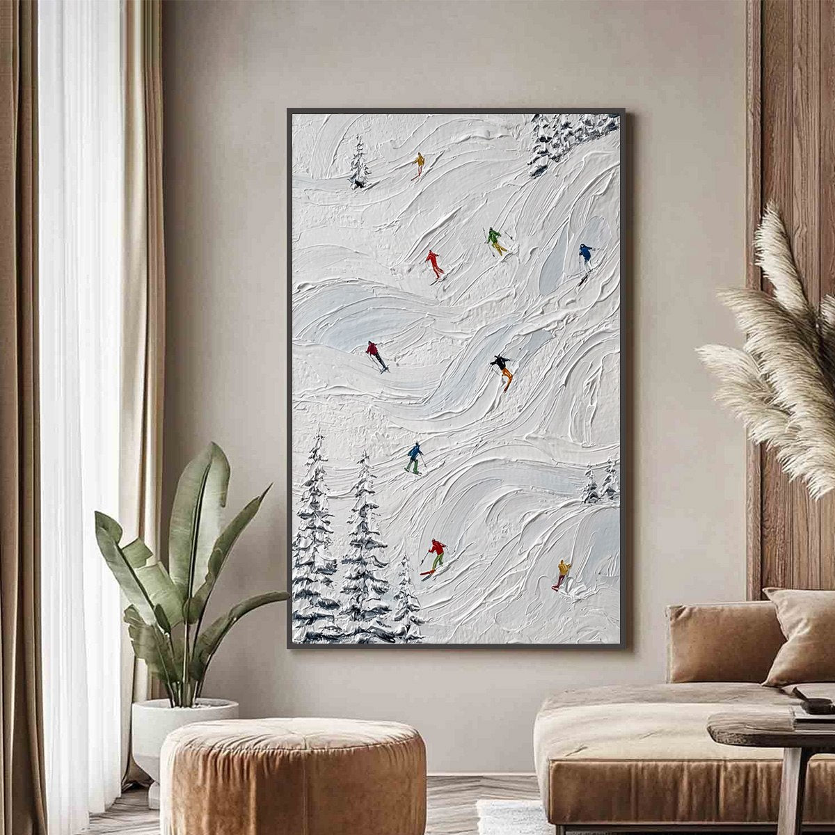 ALPINE RUSH: Textured Impasto Painting of Skiers on Snowy Slopes