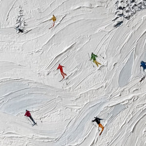 ALPINE RUSH: Textured Impasto Painting of Skiers on Snowy Slopes