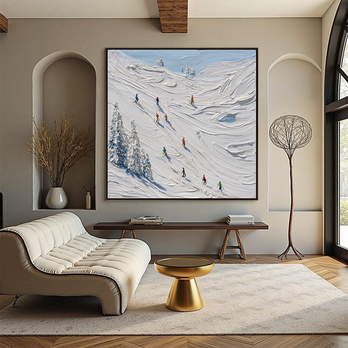 ALPINE RUSH: Textured Impasto Painting of Skiers on a Snowy Mountain