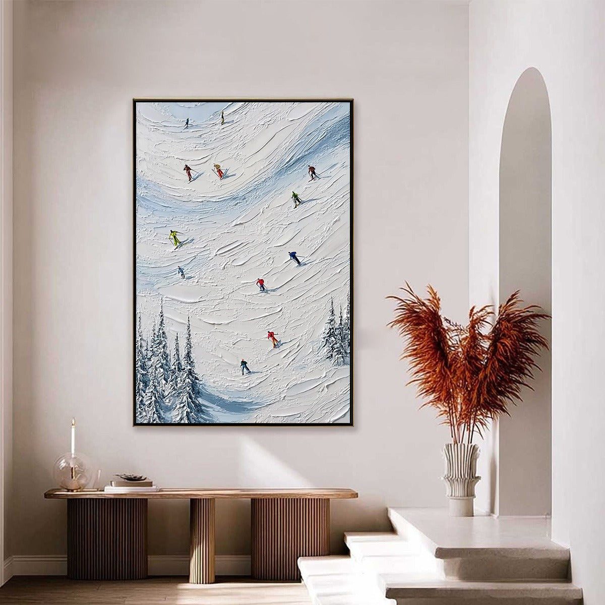 ALPINE RUSH: Textured Impasto Painting of Skiers on a Snowy Mountain