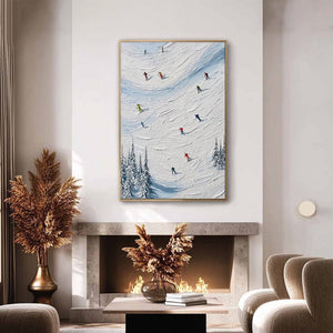 ALPINE RUSH: Textured Impasto Painting of Skiers on a Snowy Mountain