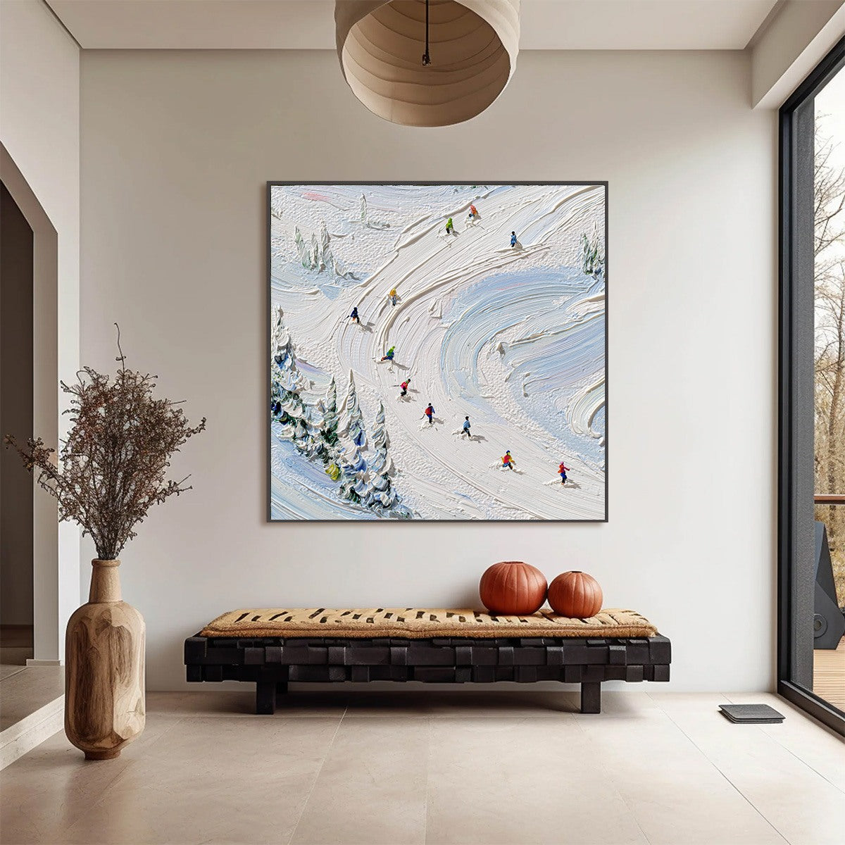 ALPINE RUSH: Textured Impasto Painting of Skiers on a Snowy Mountain
