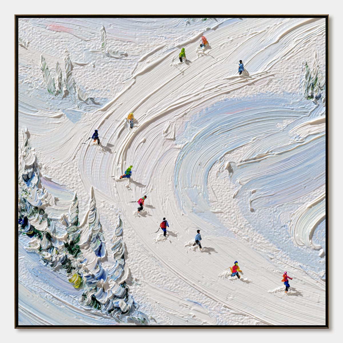 ALPINE RUSH: Textured Impasto Painting of Skiers on a Snowy Mountain