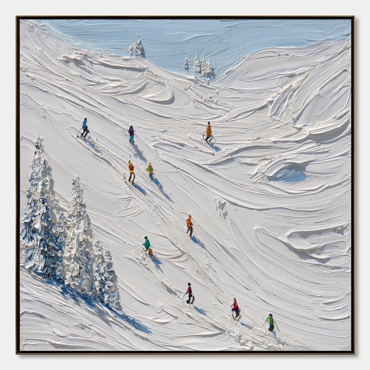 ALPINE RUSH: Textured Impasto Painting of Skiers on a Snowy Mountain
