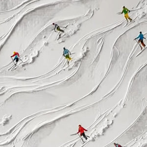 ALPINE RUSH: Textured Impasto Painting of Skiers on a Snowy Mountain