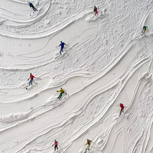 ALPINE RUSH: Textured Impasto Painting of Skiers on a Snowy Mountain