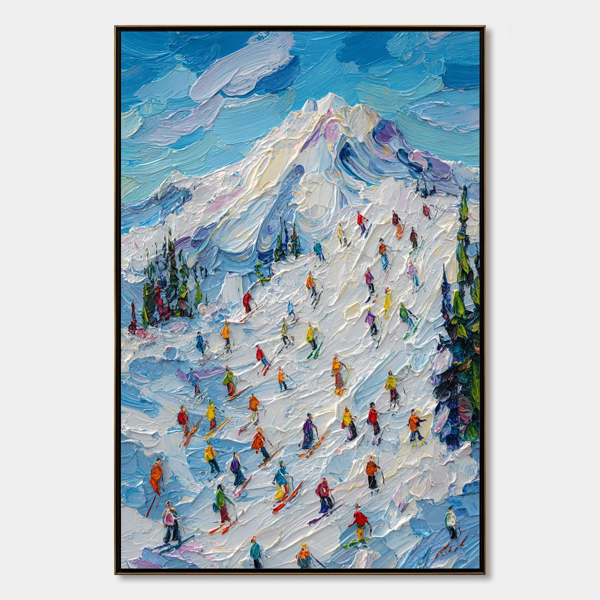Alpine Rush: Textured Impasto Ski Mountain Oil Painting