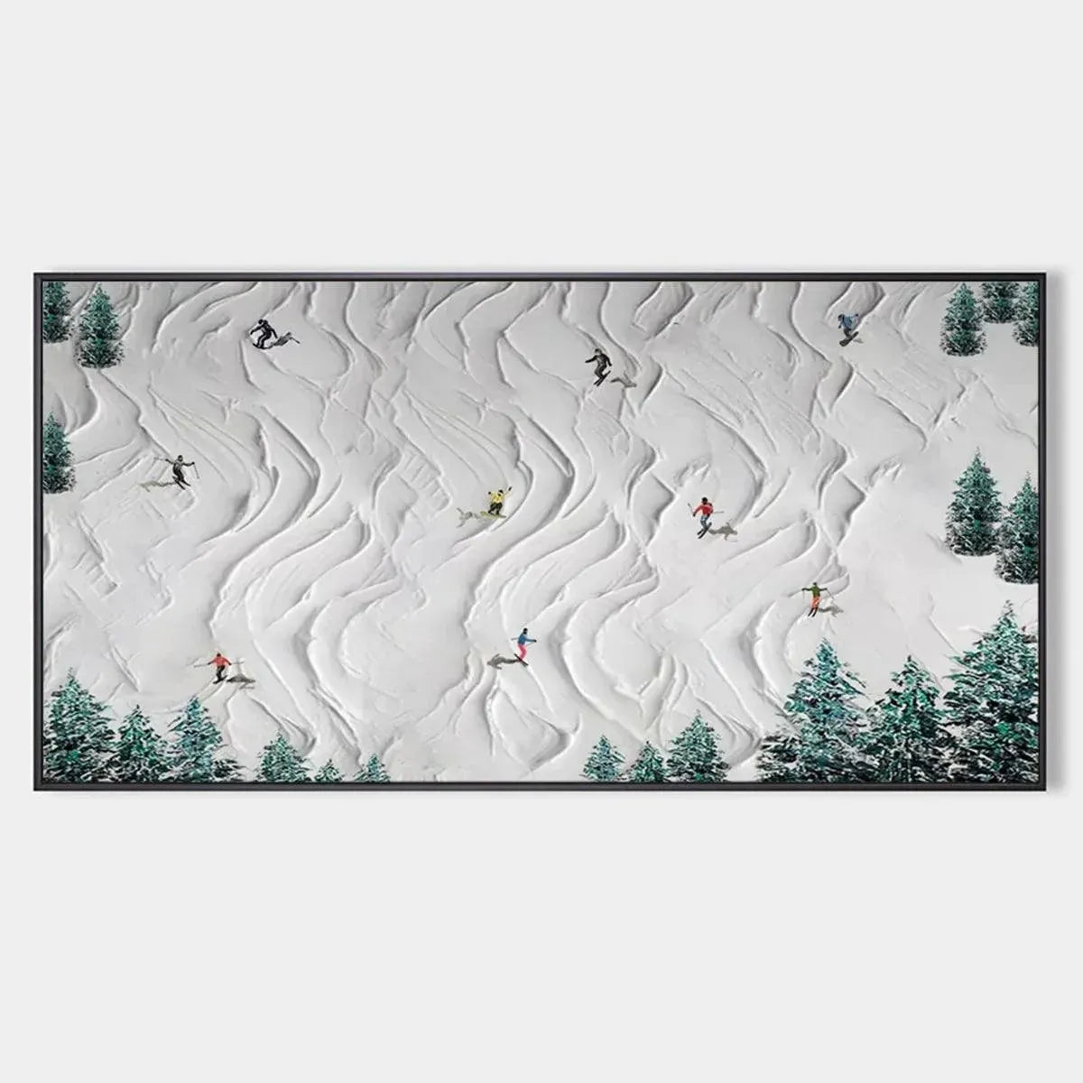 Textured painting of skiers and snowboarders on a snowy slope, winter sports wall art.