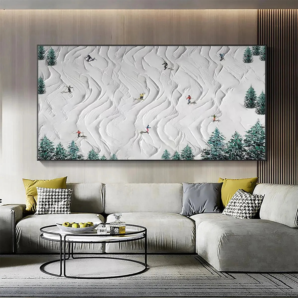 Textured painting of skiers on a snowy mountain slope in a living room. Winter sports wall art.