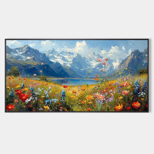 Alpine Meadow impasto painting by Isabella Rossi, vibrant wildflowers, snow-capped mountains, lake landscape artwork.