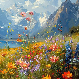 Alpine Meadow impasto painting by Isabella Rossi, vibrant wildflowers, snow-capped mountains, lake landscape artwork.