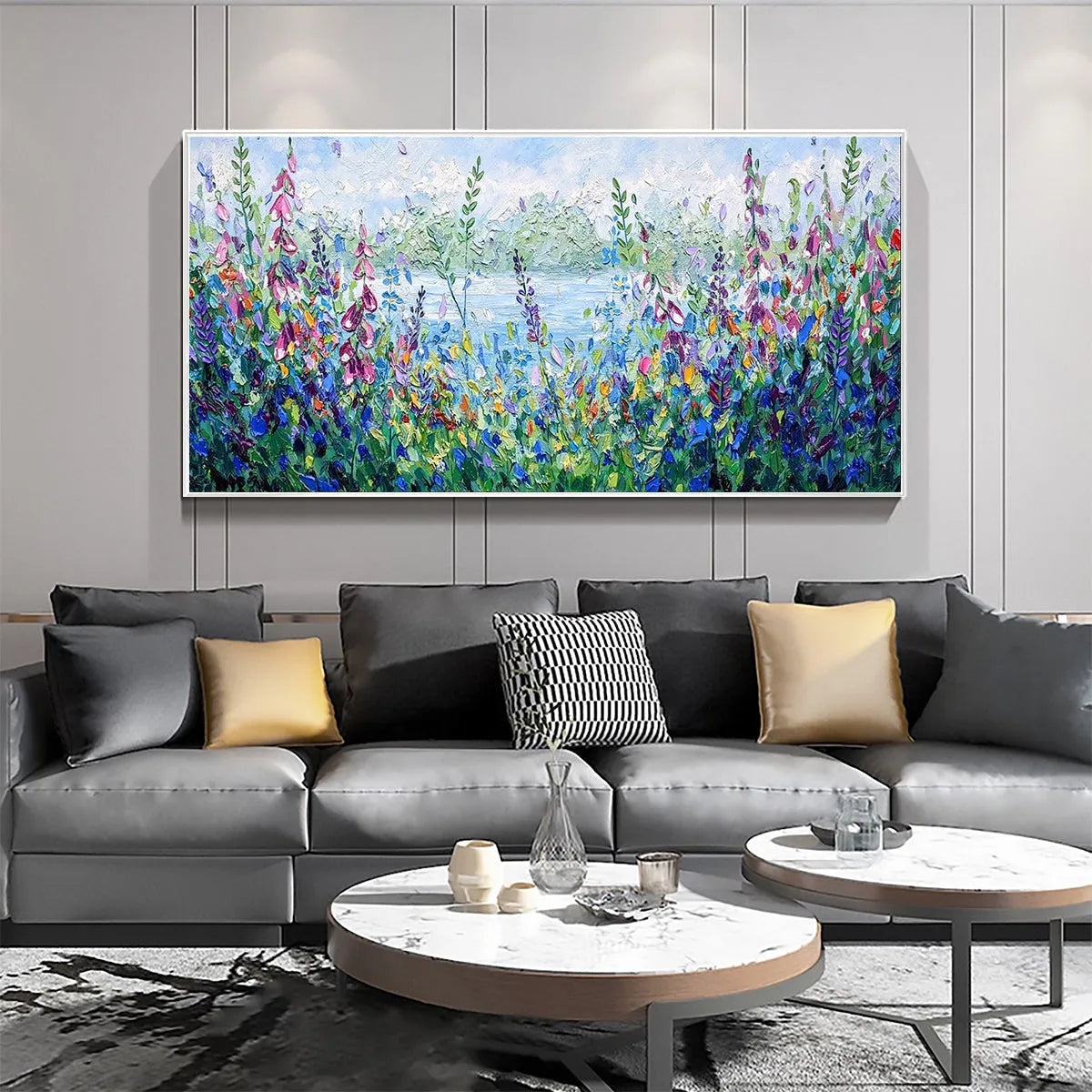 Impasto Landscape Oil Painting with Wildflowers and Lake View