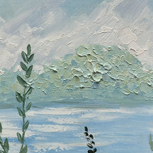 Impasto Landscape Oil Painting with Wildflowers and Lake View