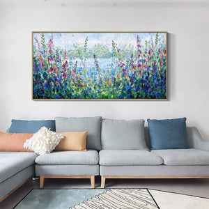 Impasto Landscape Oil Painting with Wildflowers and Lake View