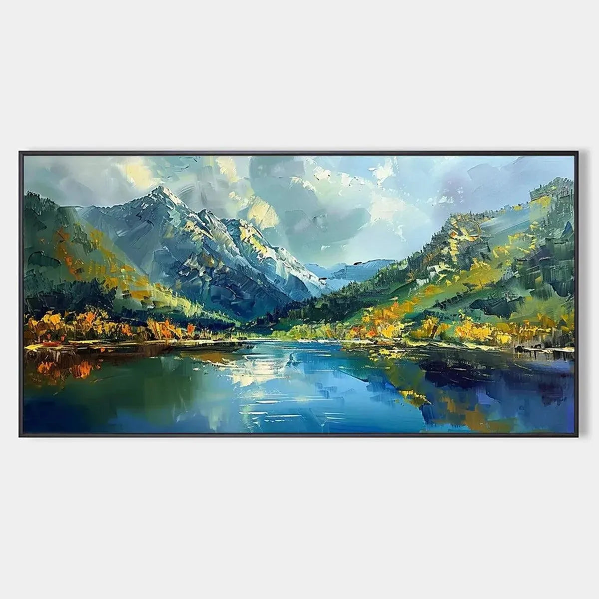 Panoramic oil painting: Mountain lake, reflective peaks, autumn foliage. Vibrant colors, visible brushstrokes, black frame.