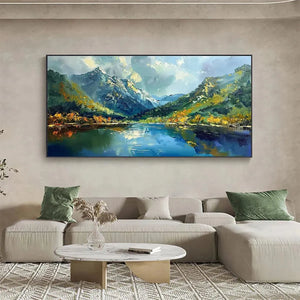 Panoramic oil painting: Mountain lake, reflective peaks, autumn foliage. Vibrant colors, visible brushstrokes, black frame.