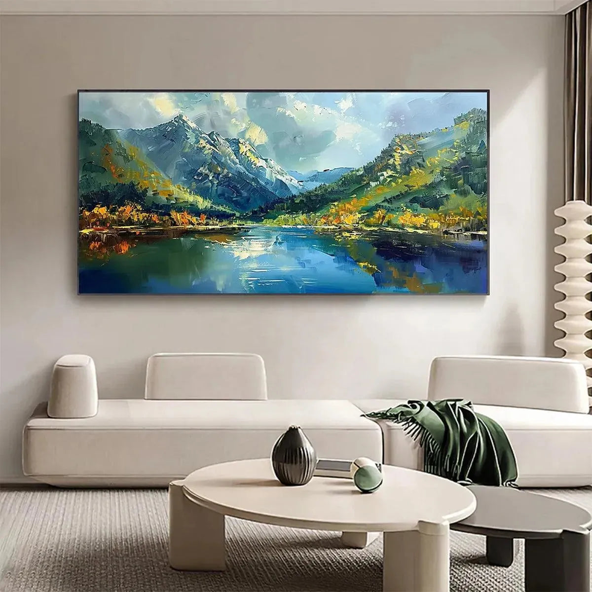 Panoramic oil painting: Mountain lake, reflective peaks, autumn foliage. Vibrant colors, visible brushstrokes, black frame.