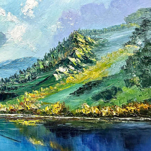 Panoramic oil painting: Mountain lake, reflective peaks, autumn foliage. Vibrant colors, visible brushstrokes, black frame