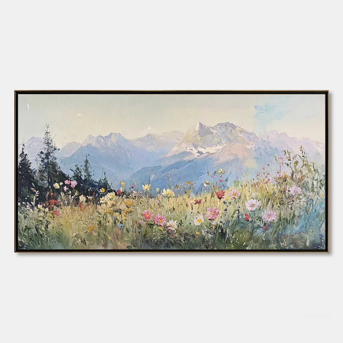 Alpine Serenity oil painting – mountain meadow landscape wall art