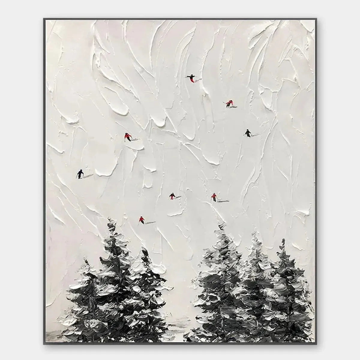 Alpine Ski by Javier Ramirez: Textured minimalist black and white painting with skiers on a snowy slope and evergreen trees.