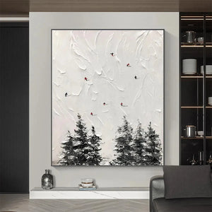 Alpine Ski by Javier Ramirez: Textured minimalist black and white painting with skiers on a snowy slope and evergreen trees.