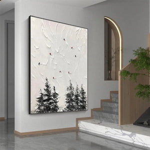 Alpine Ski by Javier Ramirez: Textured minimalist black and white painting with skiers on a snowy slope and evergreen trees.