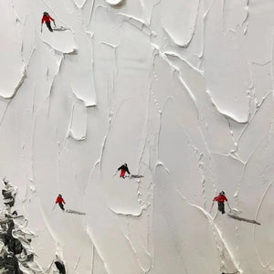 Alpine Ski by Javier Ramirez: Textured minimalist black and white painting with skiers on a snowy slope and evergreen trees.
