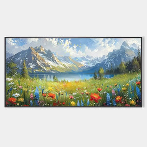 Original handmade oil painting of alpine wildflower meadow with colorful flowers, mountain lake and snow-capped peaks.