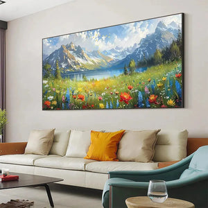 Original handmade oil painting of alpine wildflower meadow with colorful flowers, mountain lake and snow-capped peaks.