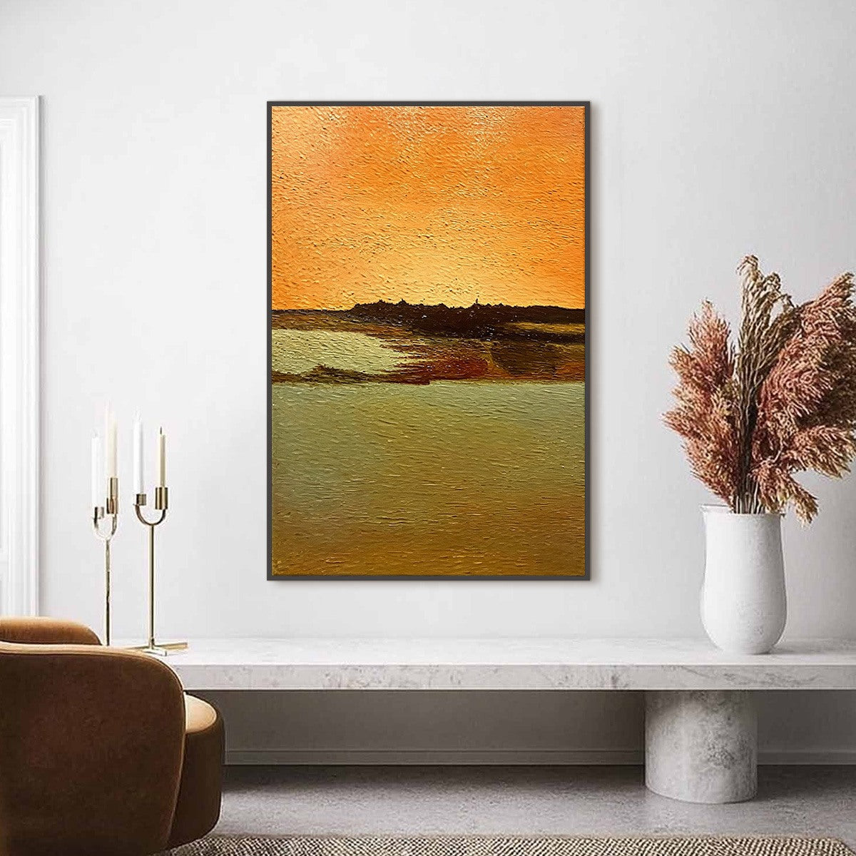 AMBER HORIZON: Textured impasto original abstract landscape painting with orange sky.