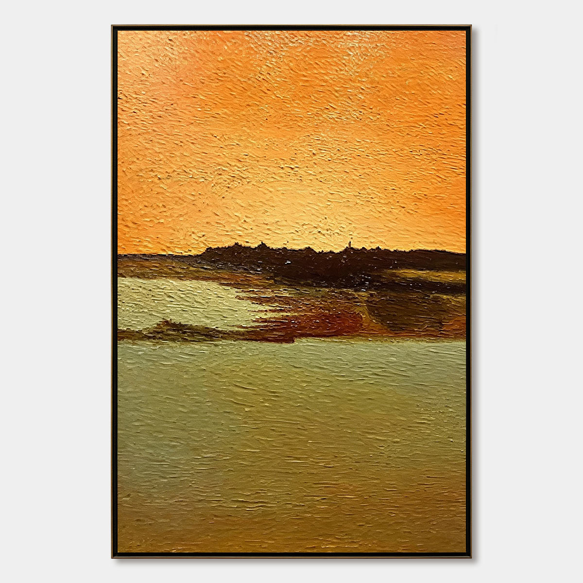 Impasto abstract landscape original oil painting: orange sky, olive hues.