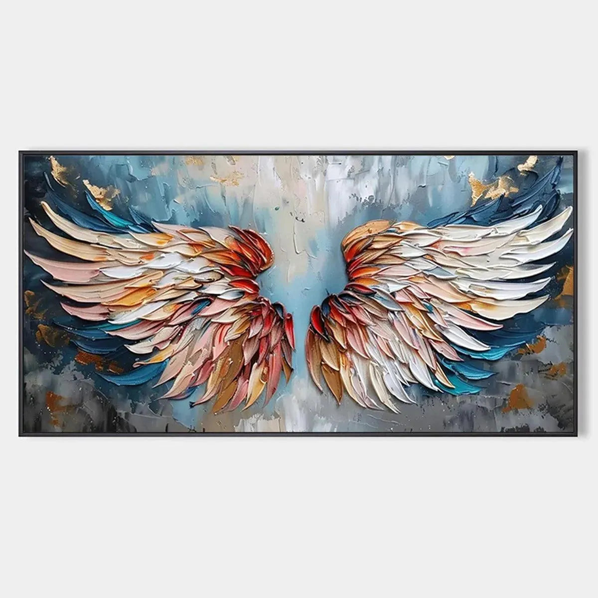 Textured impasto painting of colorful angel wings with gold leaf accents, showcasing vibrant hues and 3D paint texture.