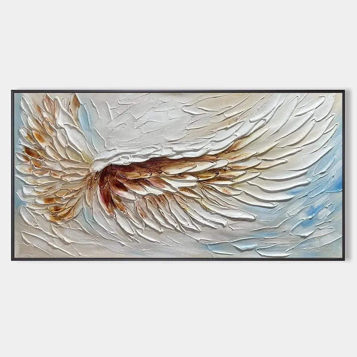 ANGEL WINGS textured painting: white and gold impasto art, horizontal.