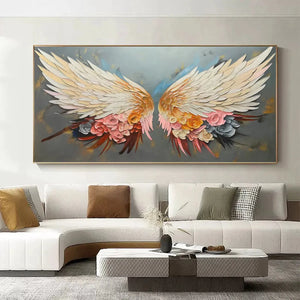Panoramic Textured Impasto Painting of Floral Angel Wings, Romantic Wall Art, Bedroom Decor