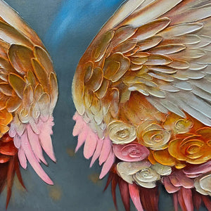 Panoramic Textured Impasto Painting of Floral Angel Wings, Romantic Wall Art, Bedroom Decor