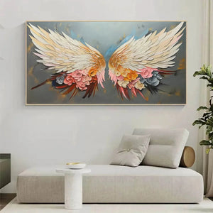 Panoramic Textured Impasto Painting of Floral Angel Wings, Romantic Wall Art, Bedroom Decor
