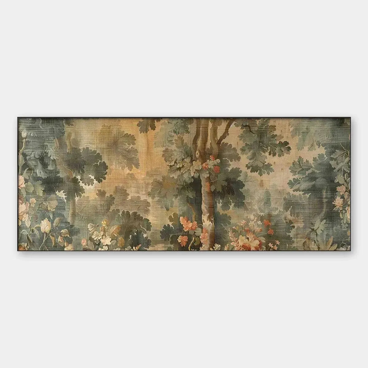 Antique Forest Tapestry Panoramic Wall Art by Liam O'Connell, featuring lush trees and flowers in muted tones.