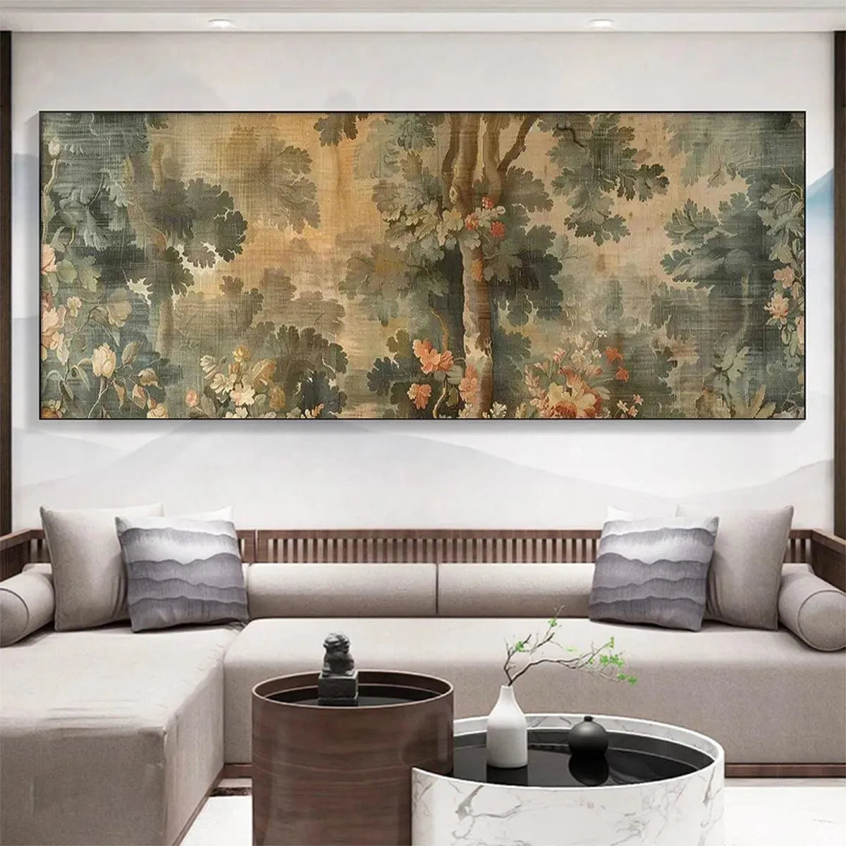 Antique Forest Tapestry Panoramic Wall Art by Liam O'Connell, muted green trees and pink flowers.