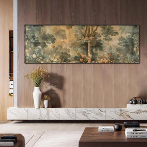 Antique Forest Tapestry Panoramic Wall Art by Liam O'Connell, featuring lush trees and flowers in muted tones.