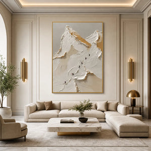 Textured impasto mountain ascent wall art in white and beige with gold accents