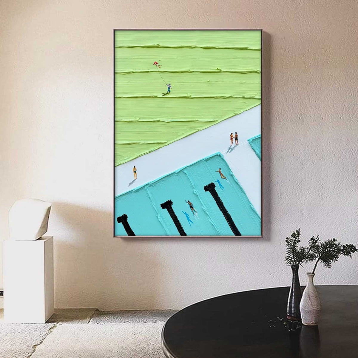 AQUA PROMENADE: Minimalist Poolside Cityscape Oil Painting
