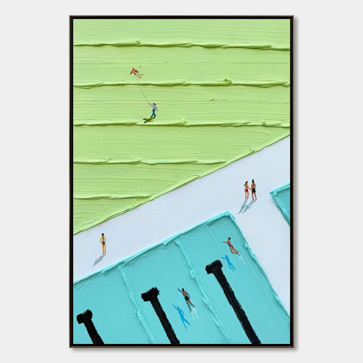 AQUA PROMENADE: Minimalist Poolside Cityscape Oil Painting