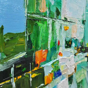 AQUAMARINE CITY: Textured Abstract Cityscape Oil Painting