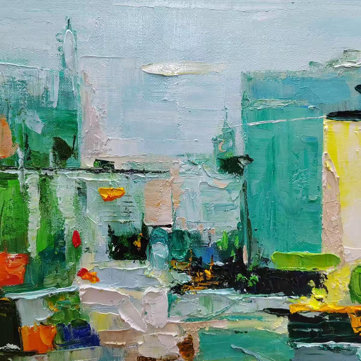 AQUAMARINE CITY: Textured Abstract Cityscape Oil Painting