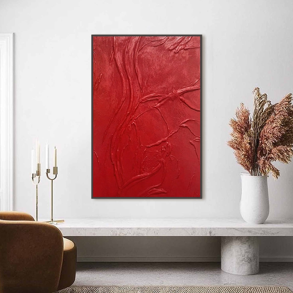 Bold red impasto abstract original painting, modern textured wall art.