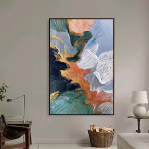 Original abstract modern wall art: Textured impasto painting with gold accents, teal, coral.