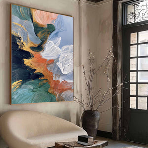 Original textured impasto abstract wall art with gold accents in teal and coral.