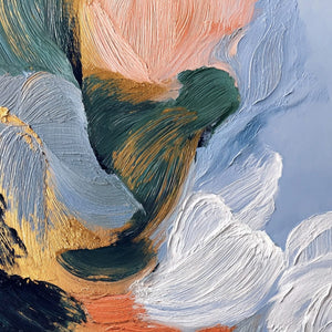 Textured impasto abstract painting with gold, teal, and coral brushstrokes.