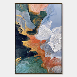 Handmade impasto abstract painting with teal, coral, and gold accents