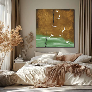 Modern original abstract wall art: Wabi Sabi birds in gold & green.